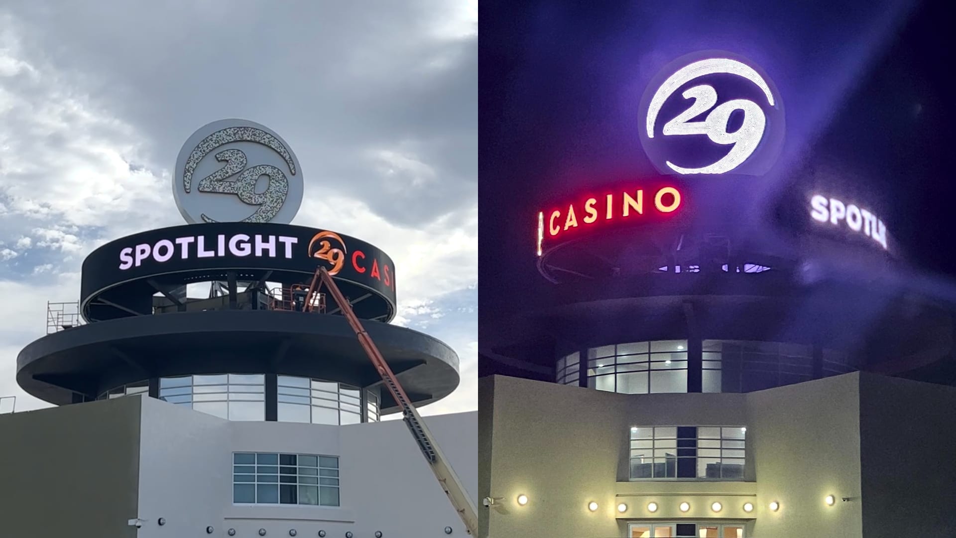 Daytime and night time photos of Spotlight 29 Casino roof LED puck filled Logo Sign and 360 degree LED ring display