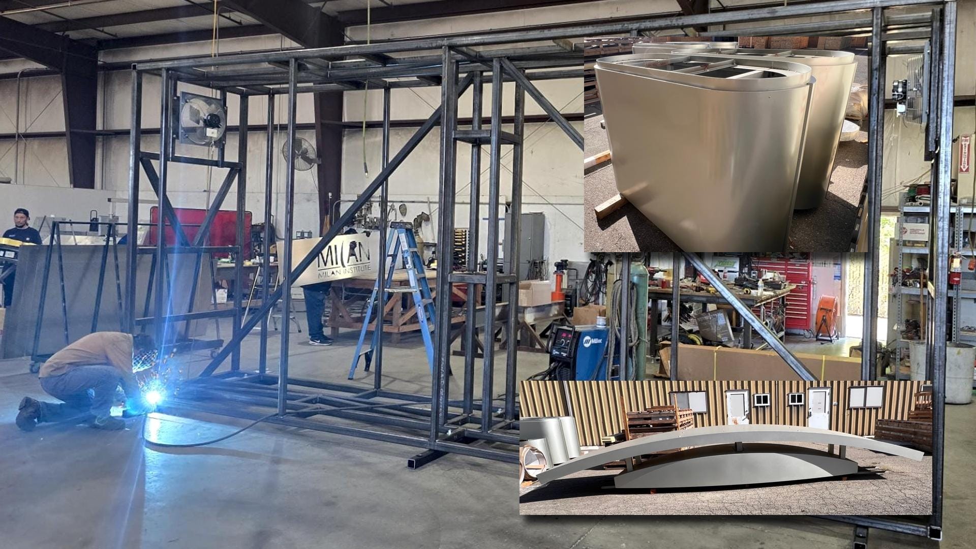 Fabricators weld new frame section and assemble cladding element and pole covers